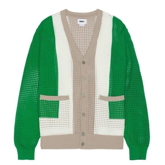 $110 NEW OBEY REVOLVE 60s GREEN TAN WHITE CARDIGAN SWEATER s small NWT - Picture 8 of 9